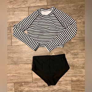 Striped Long Sleeve Swim Top and Black High-Waisted Bottoms